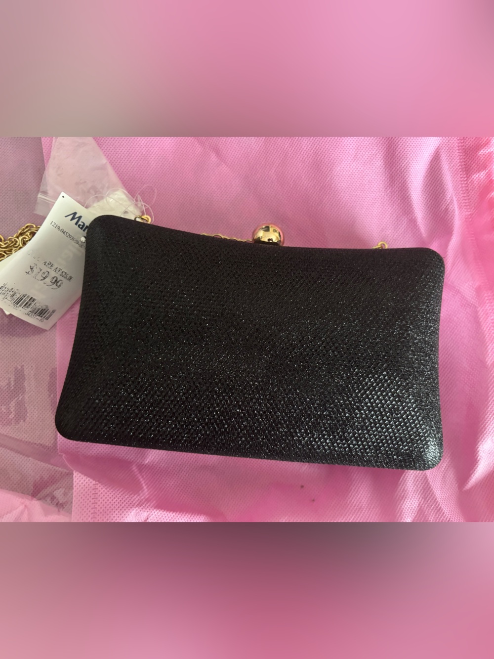 Black Textured Evening Clutch with Gold Chain